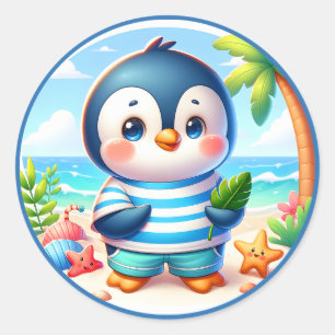 Sticker Rond Jolie plage d'été pour les amateurs de pingouins