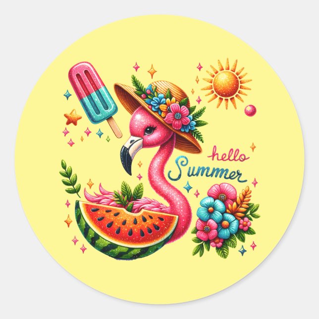 Sticker Rond Jolie plage rose flamingo bonjour été (Devant)