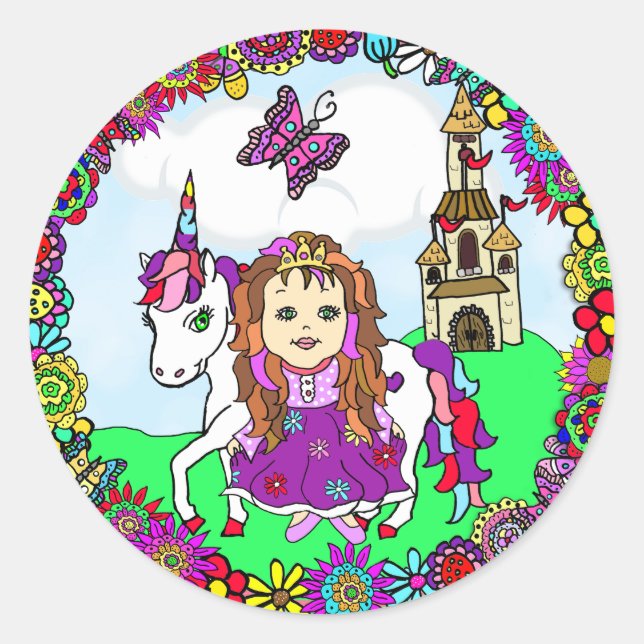 Sticker Rond Jolie princesse et château Unicorn (Devant)