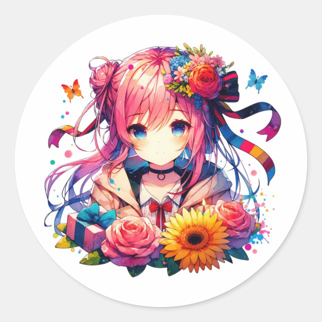 Sticker Rond Jolie Rainbow Anime Girl and Kitten fête d'anniver (Devant)