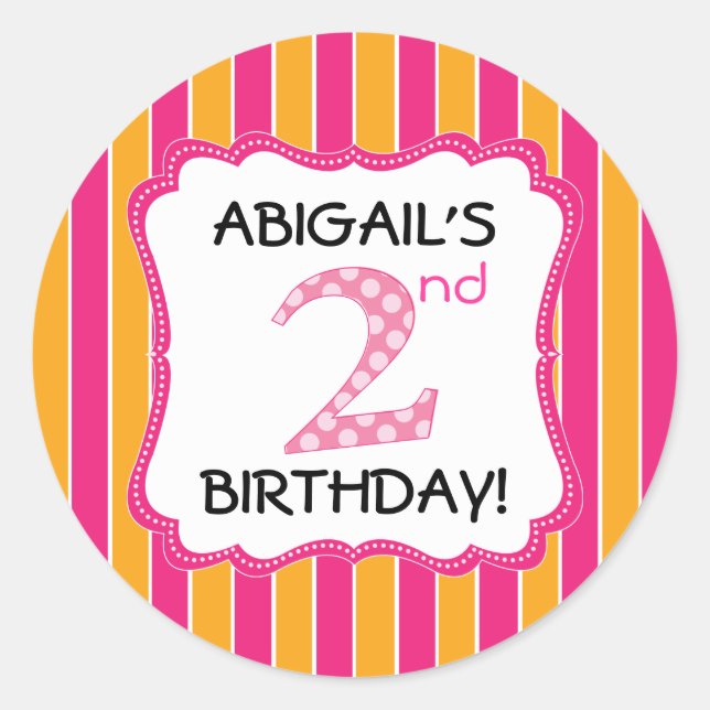 Sticker Rond Jolie Rose/Orange Filles Deuxième Anniversaire (Devant)