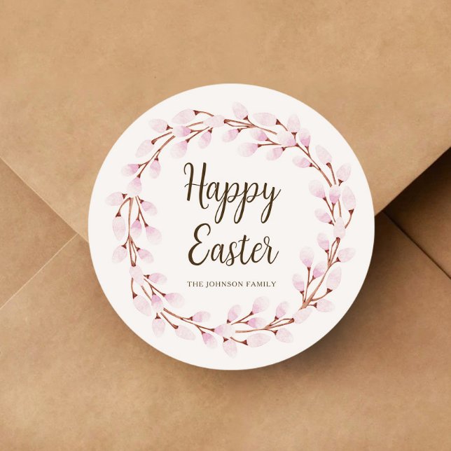 Sticker Rond Jolie saule rose de Pâques (Cute Pink Willow Happy Easter Classic Round Sticker)