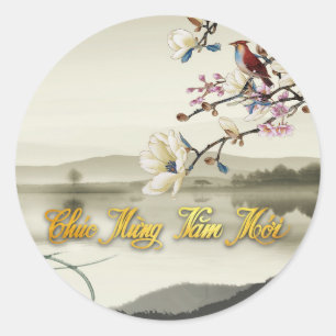 Sticker Rond Jolie scène bucolique vietnamienne Lunar Année 202