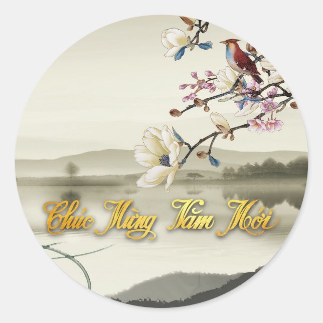 Sticker Rond Jolie scène bucolique vietnamienne Lunar Année 202 (Devant)