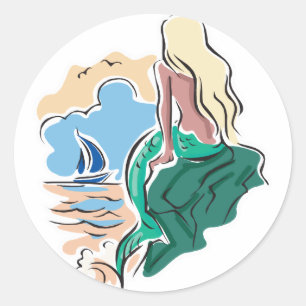 Sticker Rond jolie sirène assise sur un rocher