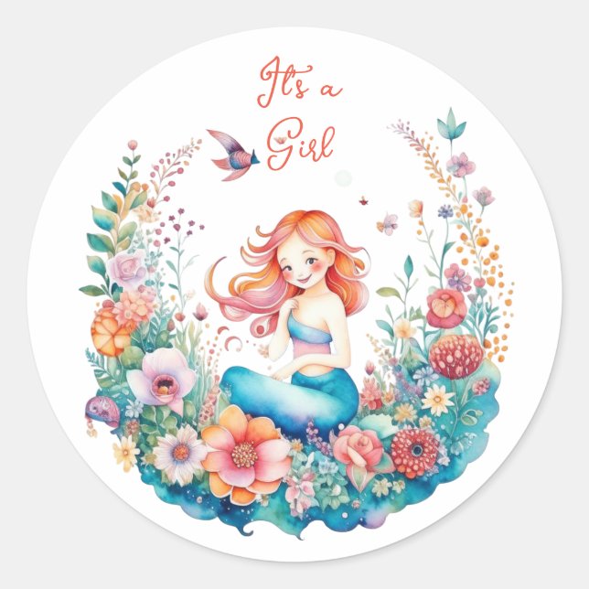 Sticker Rond Jolie sirène Baby shower de fille C'est une fille (Devant)