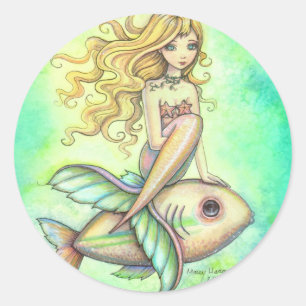 Sticker Rond Jolie sirène et poissons, art fantastique