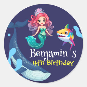Sticker Rond Jolie Sirène requin Baleine fête d'anniversaire co