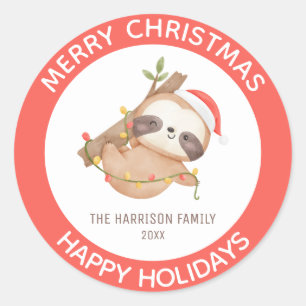 Sticker Rond Jolie Sloth Avec Santa Hat Noël