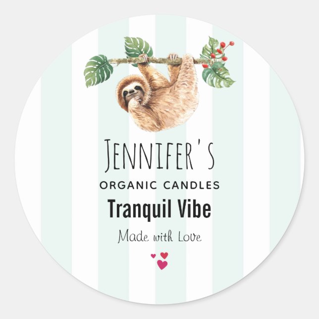 Sticker Rond Jolie Sloth Paisible Autour De L'Aquarelle Bougie/ (Devant)