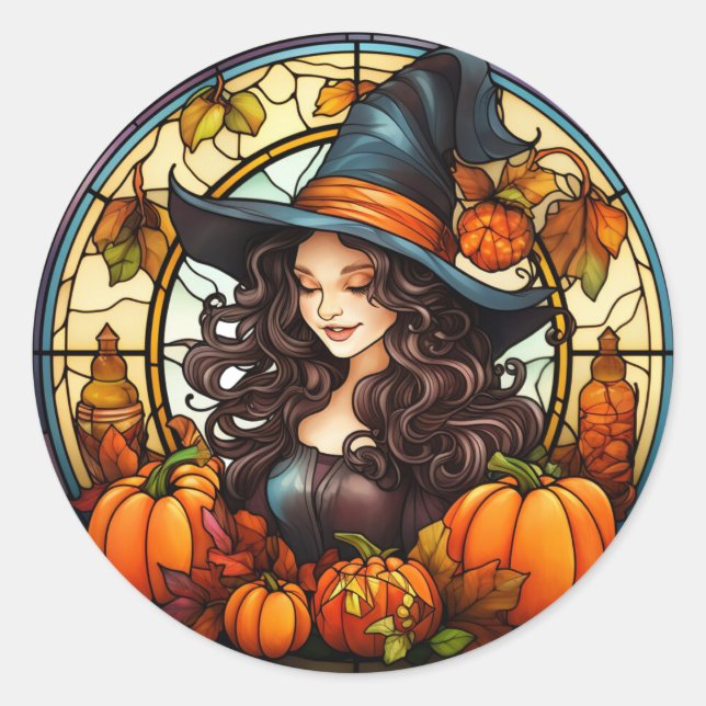 Sticker Rond Jolie Sorcière d'Automne Vitrail (Devant)