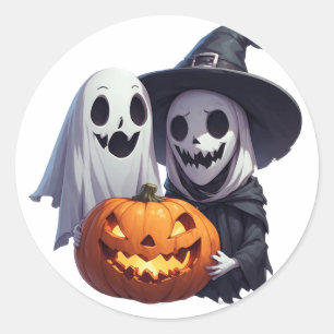 Sticker Rond Jolie sorcière d'Halloween et ses amis fantômes 🧙