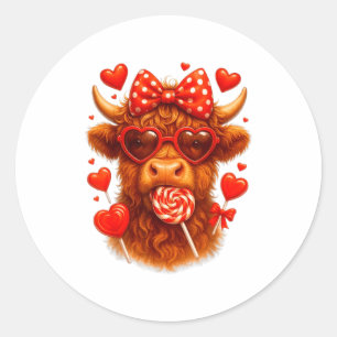 Sticker Rond Jolie sucette Highland Cow Saint-Valentin Rouge cœ