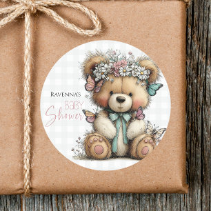 Sticker Rond Jolie Teddy à Carreaux Floral Daisy Baby Shower
