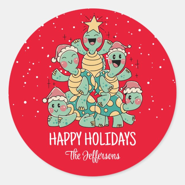 Sticker Rond Jolie Tortue Noël Arbre Neige Vacances d'hiver (Devant)
