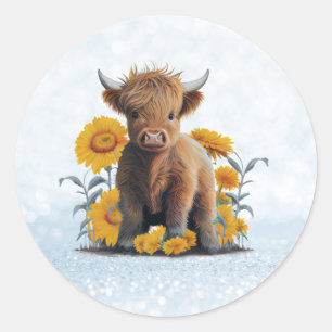 Sticker Rond Jolie vache Highland avec des tournesols