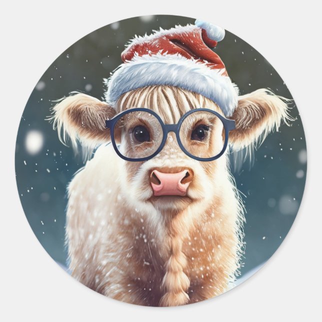 Sticker Rond Jolie vache Highland dans la neige (Devant)