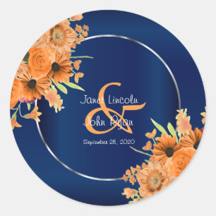 Sticker Rond Jolies fleurs orange sur bleu marine