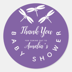 Sticker Rond Jolies Libellules  Remerciements Baby Shower Viole