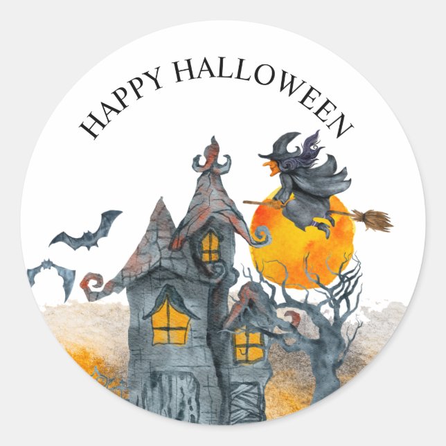 Sticker Rond Jolies sorcières maison hantée effrayante Hallowee (Devant)