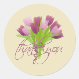 Sticker Rond Jolies tulipes roses et violettes Merci