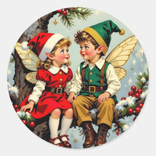 Sticker Rond Jolis Enfants Fées Elfes de Noël Vintage