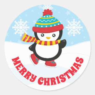 Sticker Rond Jolis enfants patinant Pingouin Joyeux Noël