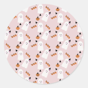 Sticker Rond Jolis fantômes d'Halloween, confettis orange rose