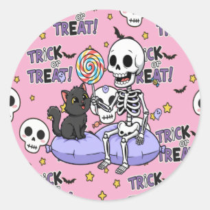 Sticker Rond Jolis squelettes roses pour Halloween