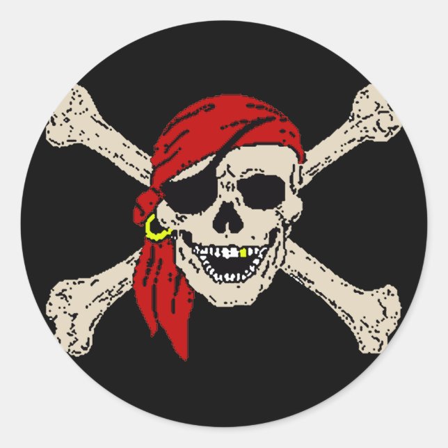 Sticker Rond Jolly roger Pirate Os crâne Rouge Bandanna (Devant)