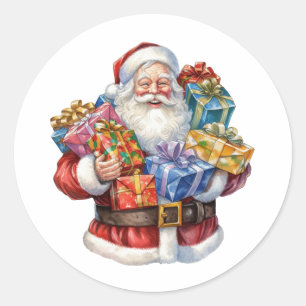 Sticker Rond Jolly Santa Claus En Costume Rouge Traditionnel