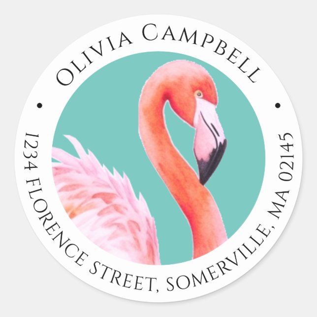 Sticker Rond Jote Aquarelle Flamant rose rose Turquoise Adresse (Devant)