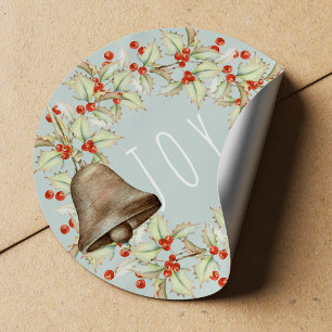 Sticker Rond JOUE Typographie Holly Berries Wreath Blue Christm