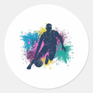 Sticker Rond Joueur de basket-ball Grungy Couleurs Splashes