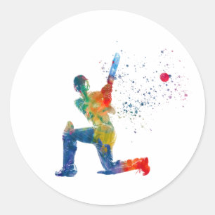 Sticker Rond Joueur de cricket en aquarelle
