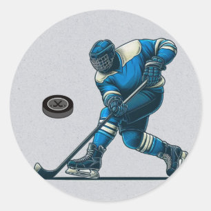 Sticker Rond Joueur de hockey bleu et gris fête d'anniversaire