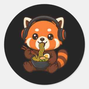 Sticker Rond Joueur de Red Panda Gaming mangeant du Ramen 