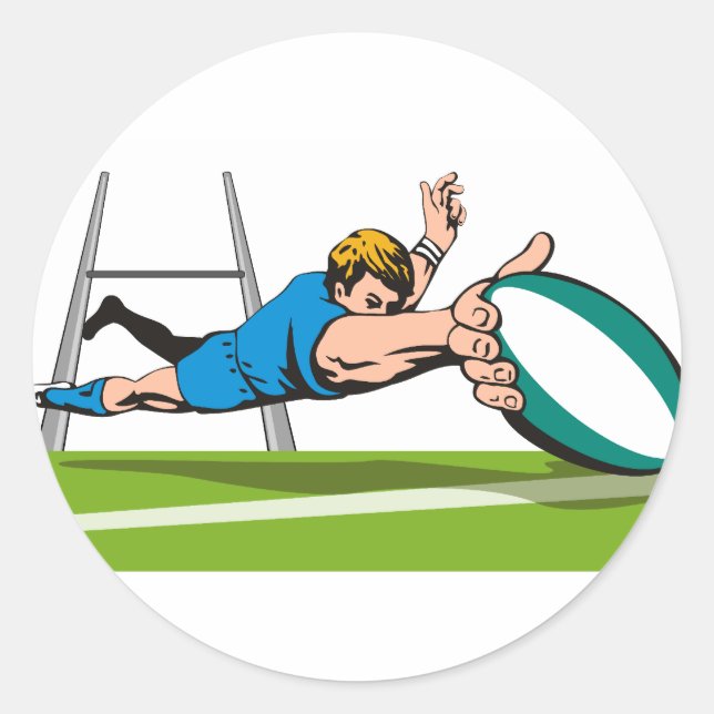 Sticker Rond Joueur de rugby, plongée marquant un essai (Devant)