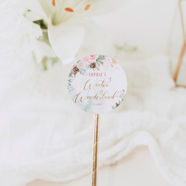 Sticker Rond Jour d'anniversaire de fille d'hiver rose pâle (Créateur téléchargé)