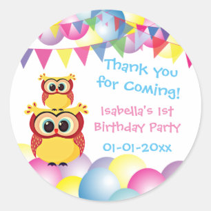 Sticker Rond Jour d'anniversaire de la chouette bébé merci