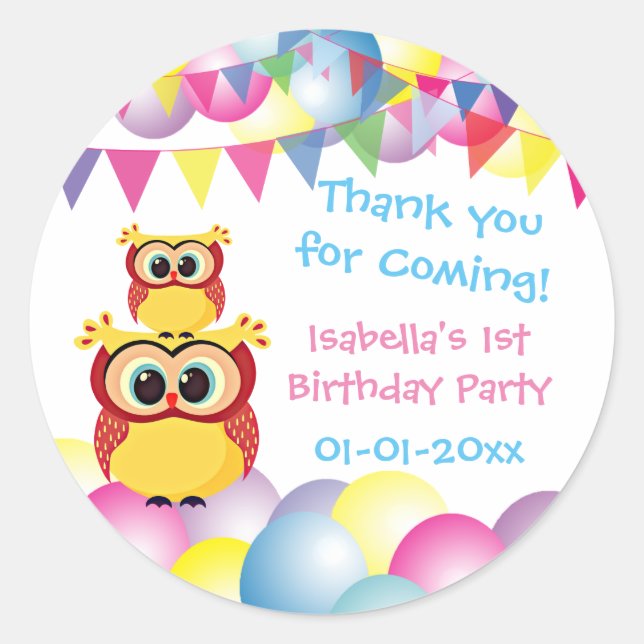 Sticker Rond Jour d'anniversaire de la chouette bébé merci (Devant)