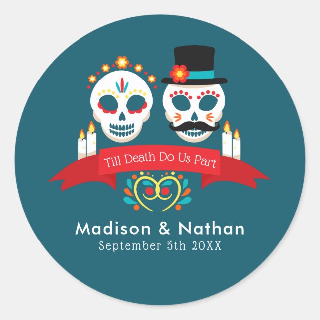 Sticker Rond Jour de la mort crâne de sucre Mariage gothique (Devant)
