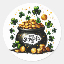 Sticker Rond Jour de la Saint Patrick Green Shamrocks Pot Or De