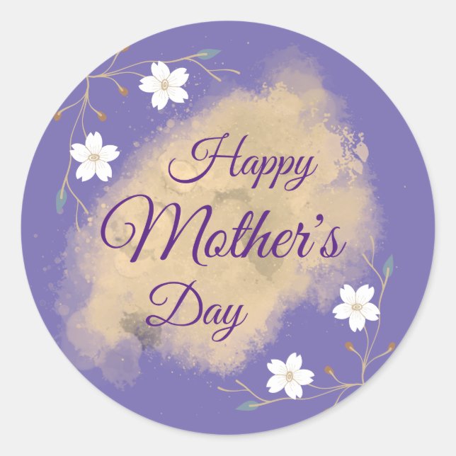 Sticker Rond Jour de mère joyeuse, fleurie, blanche et violette (Devant)