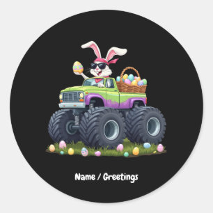 Sticker Rond Jour de Pâques Bunny équitation Monster Truck Eggs