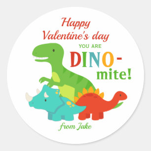 Sticker Rond Jour des enfants Valentines Dinosaur Dino-mite