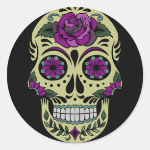 Sticker Rond Jour des morts avec Rose pourpre