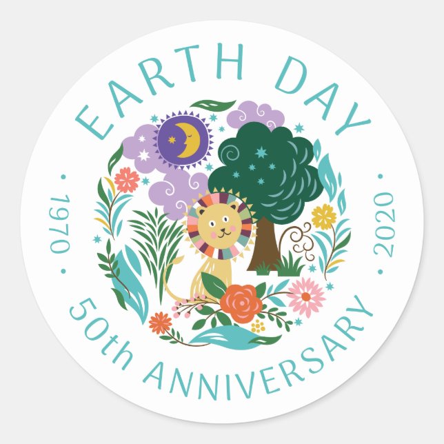 Sticker Rond Jour des terres 2020 50e anniversaire mignon Lion  (Devant)