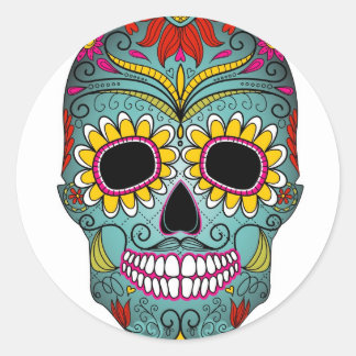 Sticker Rond Jour du crâne de sucre des morts avec des ornement