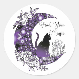 Sticker Rond Jour Graphique Mystique Céleste Noir Chat Lune